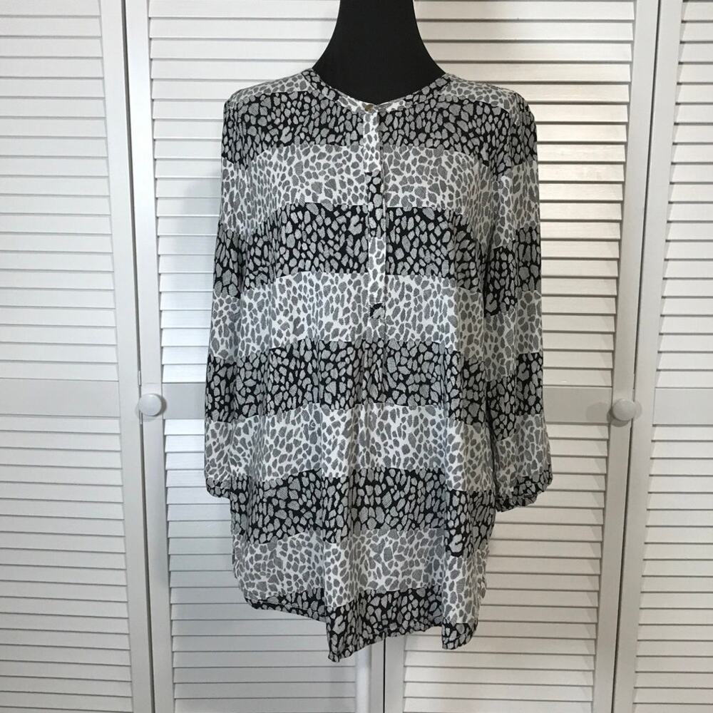 Liz Claiborne Studio Gray Striped Leopard Print Tunic Blouse Women L